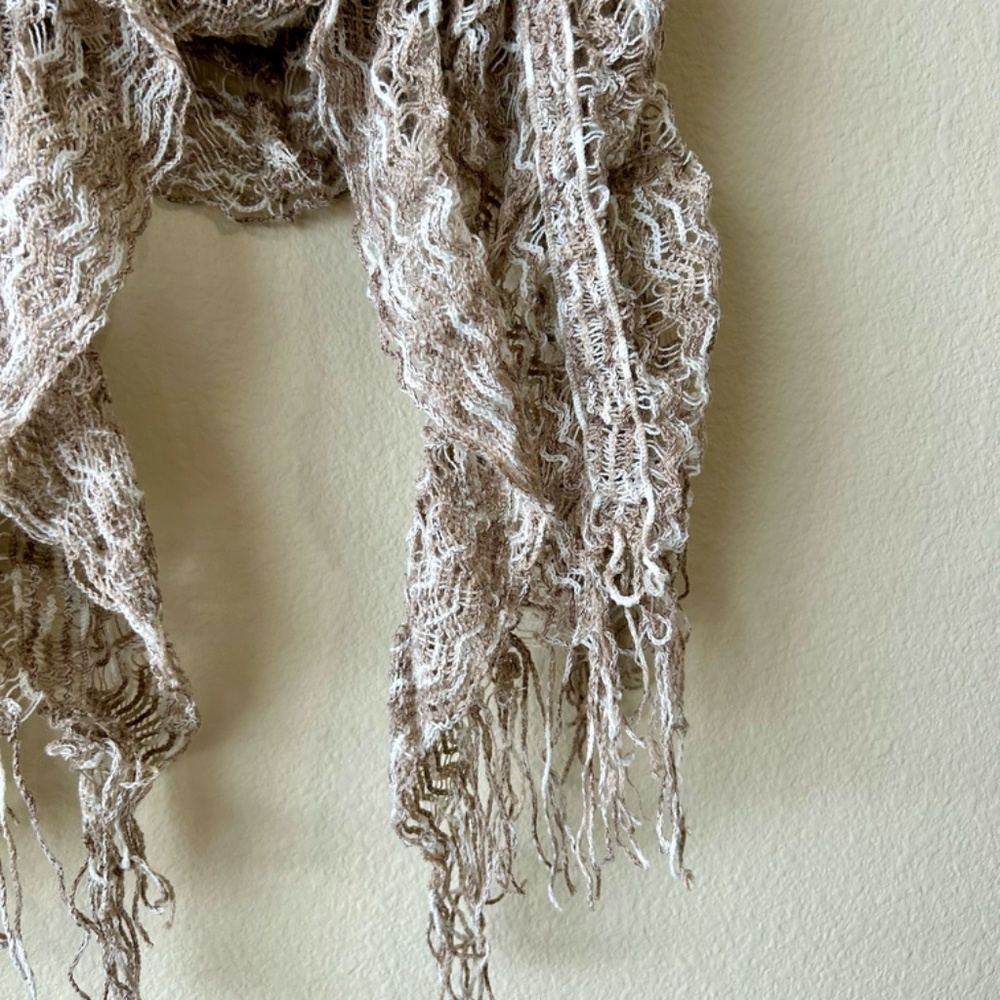 Cream and Tan Scarf Crochet Looseweave Fringe Soft 18" wide x 80" long - Picture 7 of 16